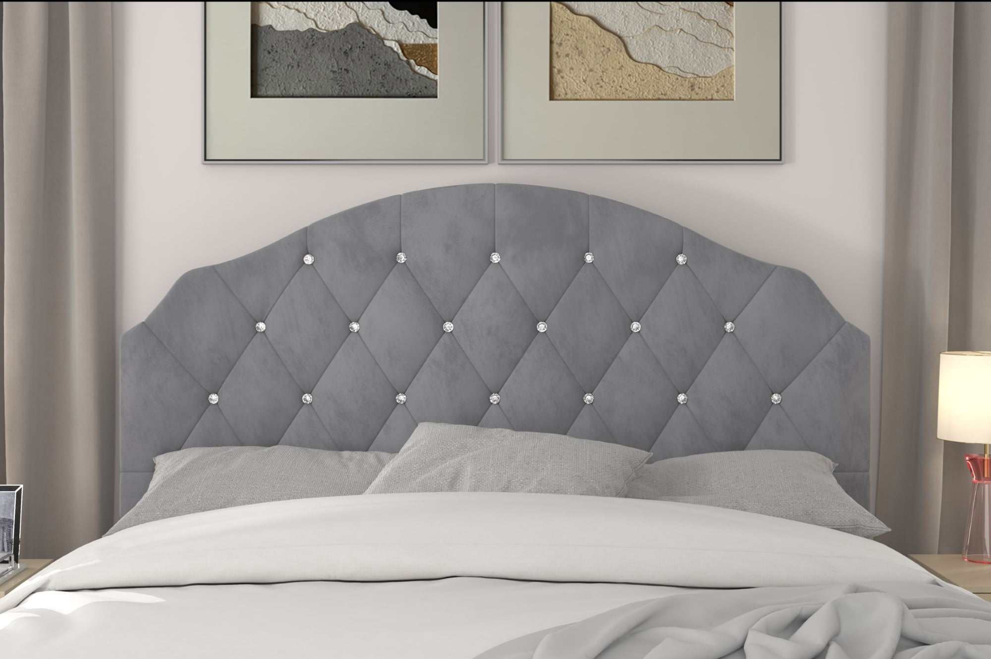Home Design Evelina King Tufted Upholstered Headboard, Silver Gray, Velvet with Diamond Button Tufting, Modern Bedroom Furniture