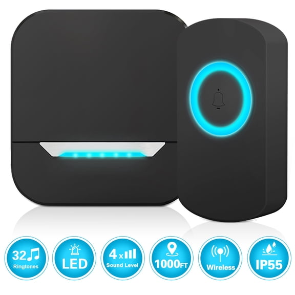 Wireless Doorbell,Doorbell Button,Waterproof Door Bell Chime Kit for Home Operating at 1000 Feet with 32 Melodies,4 Volume Levels & LED Light Flash Door,Black