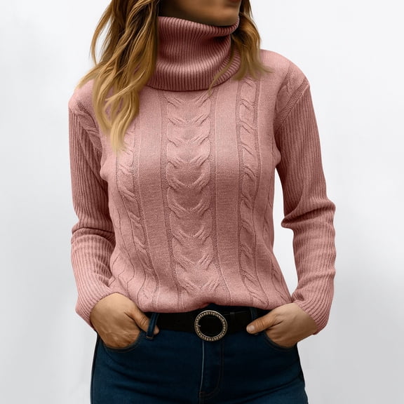 Turtleneck Women Long Sleeve Cable Knit Sweaters Pullover Lightweight Sweater Pink 2XL