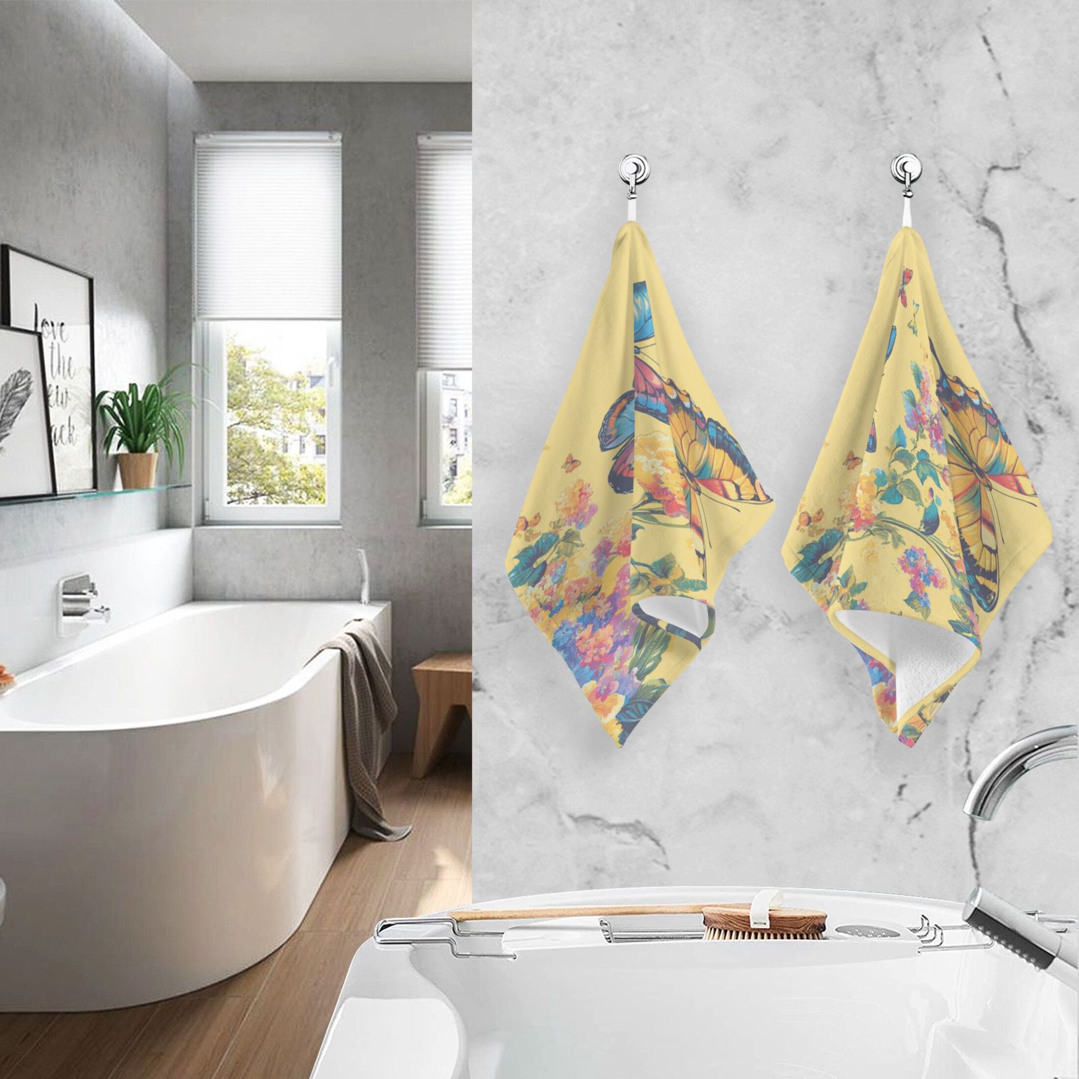 Cotton Towel Two-Piece 16x28 Inch One Sizex2 Face Towel Set Towel Set Cotton Hand Bath Towel Bathroom Beach Pale Yellow Rainbow Butterfly