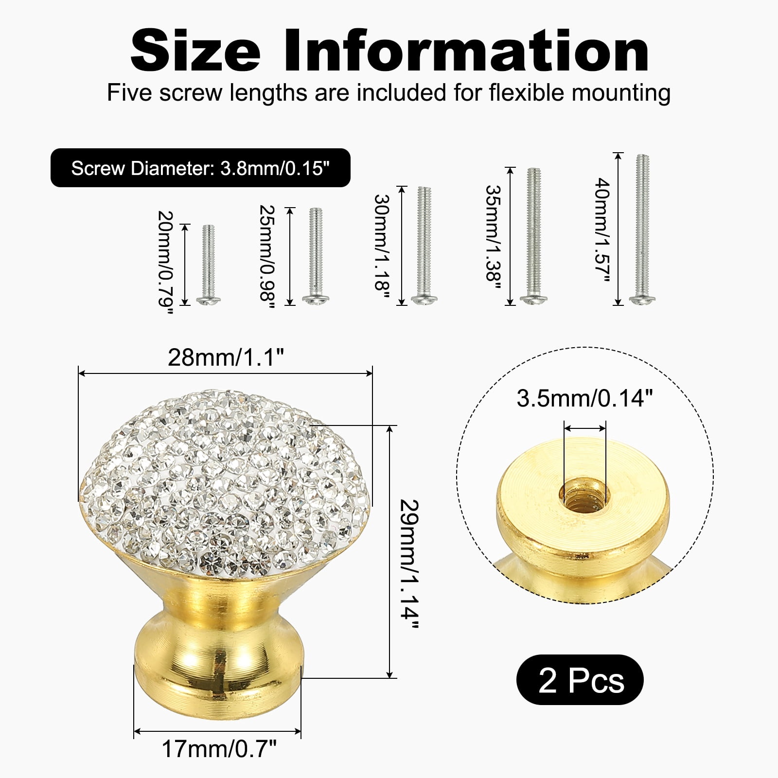 Unique Bargains Round Pull Handle 2Pcs Gold Base + White Gem