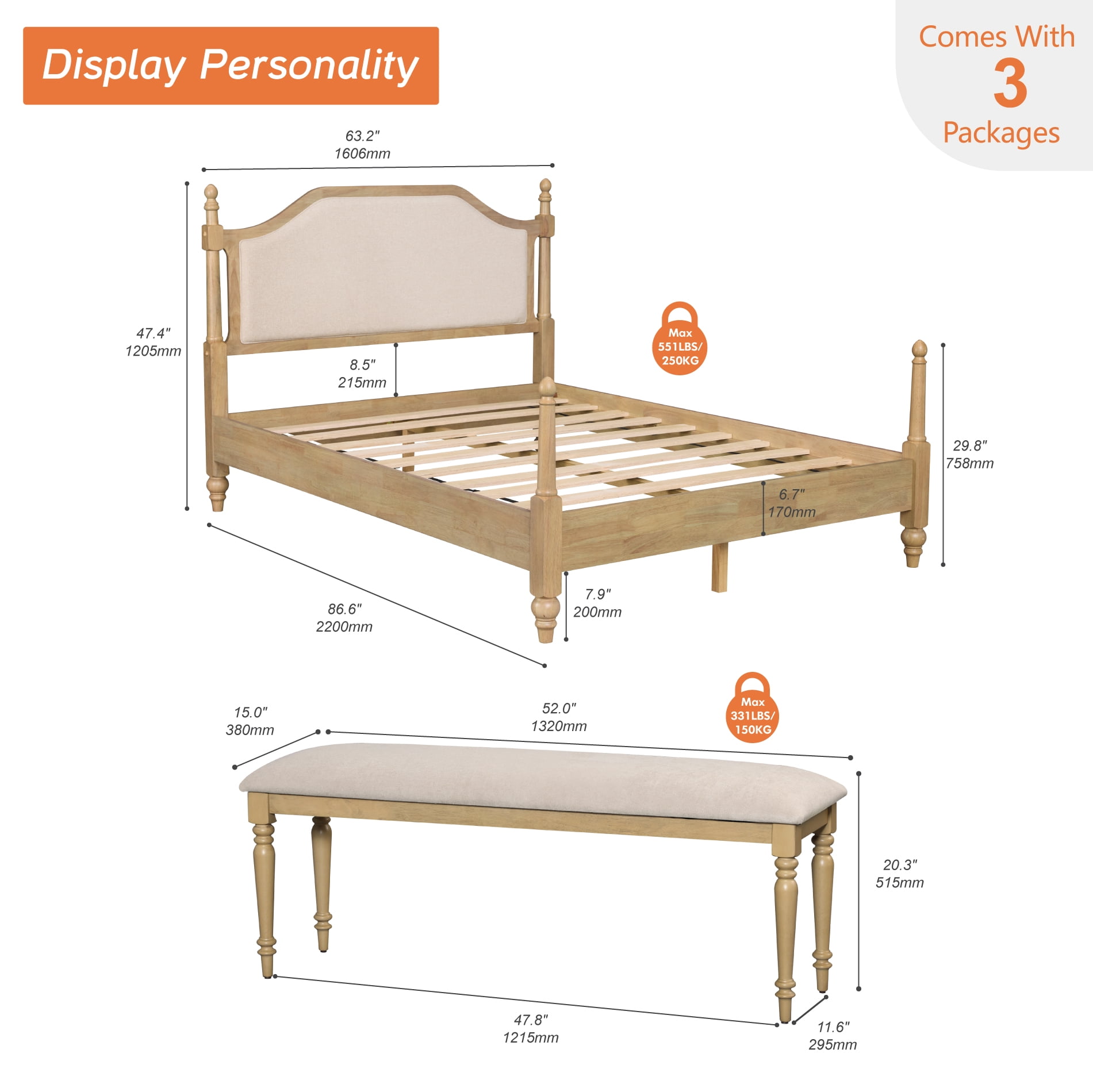 2 Piece Bedroom Set, Queen Bed Frame & Upholstered End of Bed Bench, Oak