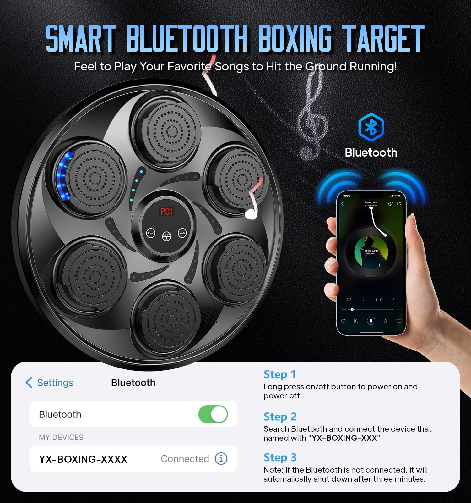 LNOW Adults/Teenagers Music Boxing Machine with 2 Pairs Boxing Gloves, Wall Mounted Smart Bluetooth Music Boxing Trainer, Electronic Boxing Target Workout Punching Equipment for Home, Indoor and Gym