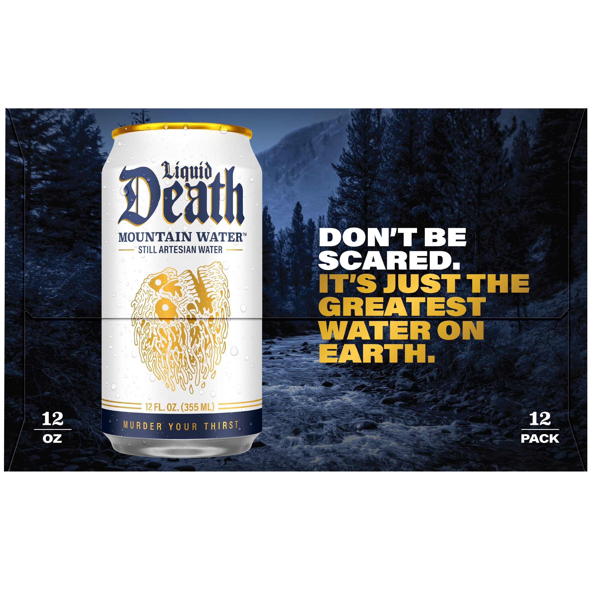 Liquid Death Still Mountain Water, Real Mountain Source, Ice-Cold Cans, Infinitely Recyclable, 12 Fl Oz (Pack of 12)