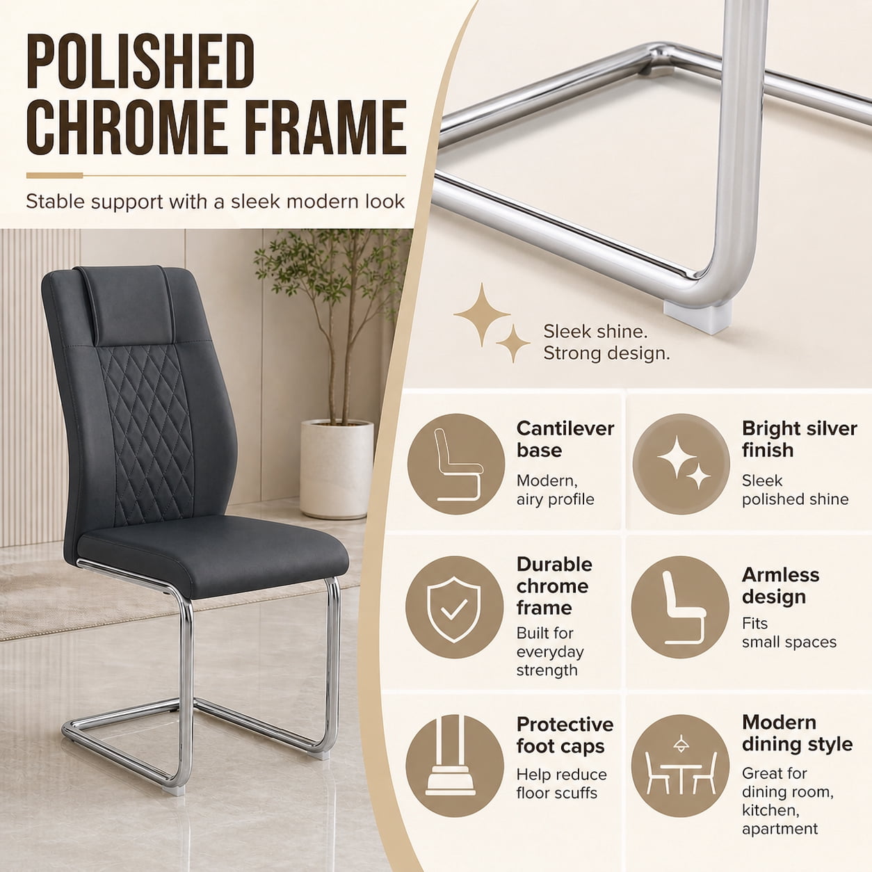 JUFU Modern Black Dining Chairs Set of 4, Faux Leather High Back with Chrome Legs