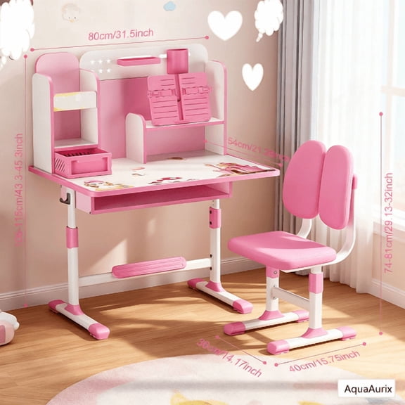 AquaAurix Height Adjustable Children School Study Table Chair Set with Sitting Corrector, Kids Study Desk and Chair Set, Ergonomic Desk Chair with Book Stand, Foot Pedal,Blue