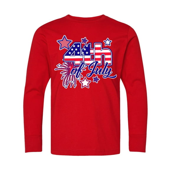 Inktastic 4th of July Fireworks Stars and American Flag Long Sleeve Youth T-Shirt