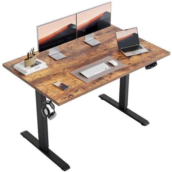 47.2 Inch Electric Height Adjustable Standing Desk, Ergonomic Home Office Desk with Memory Preset, Sit to Stand Computer Desk with Hooks, Rustic Brown