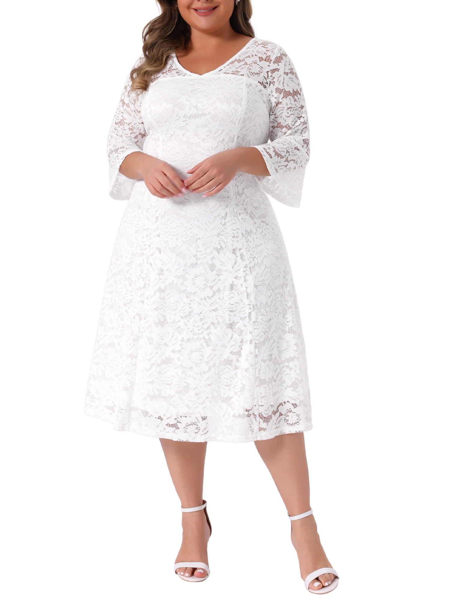 DARING DIVA Women's Plus Size Lace V-Neck 3/4 Sleeve Midi Evening Dress 1X White