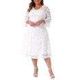 thumbnail image 2 of DARING DIVA Women's Plus Size Lace V-Neck 3/4 Sleeve Midi Evening Dress 3X White, 2 of 6