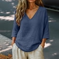 thumbnail image 2 of Linen Shirts for Women V Neck Cotton Linen 3/4 Sleeve Tops for Casual Dressy Summer Outfits Navy 2XL, 2 of 7