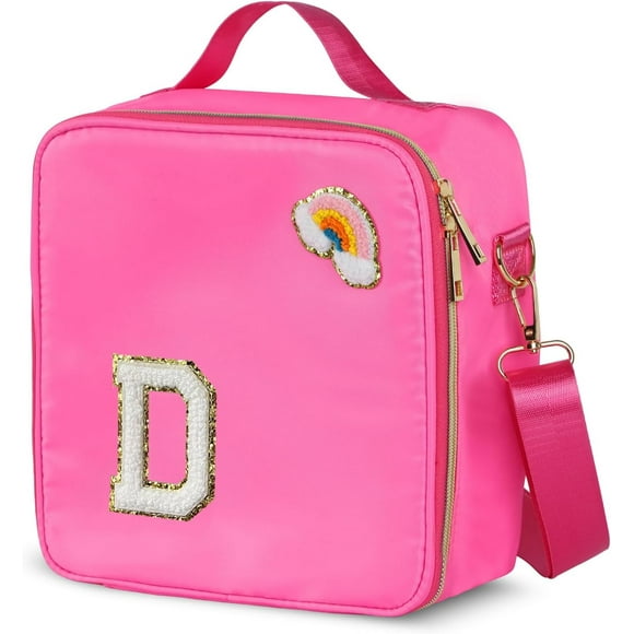 shiyou-Insulated Nylon Lunch Box for Girls, Kids, and Women-Stylish (Letter 'D'),Pink Preppy Large Lunch Bag with Adjustable Strap, Tote for School, Travel, and Picnics-Ideal Preppy Stuff Choice