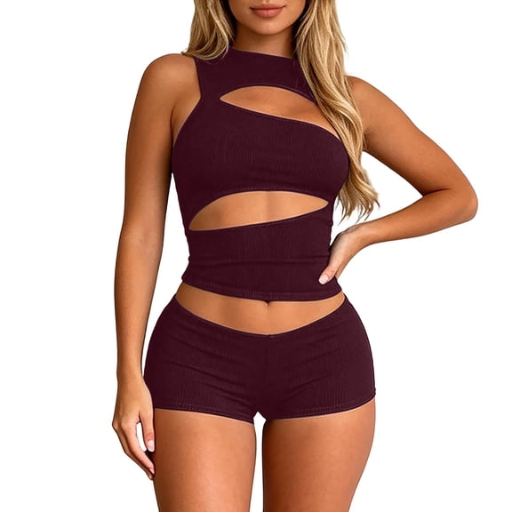 Womens Ribbed Cutout Tank Top and Shorts Set, Solid Color Slim Fit 2-Piece Outfit, Hollow Out Streetwear Matching Set for Casual Summer Party