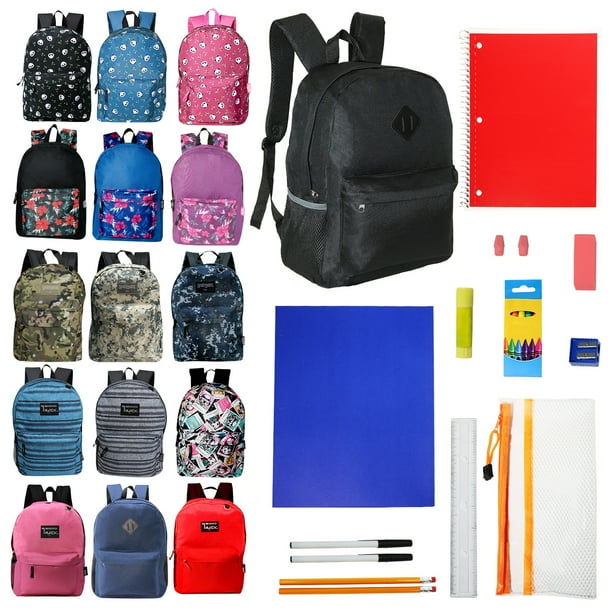 Moda West 17" Backpacks Bulk with 18 Piece School Supply Kits Case