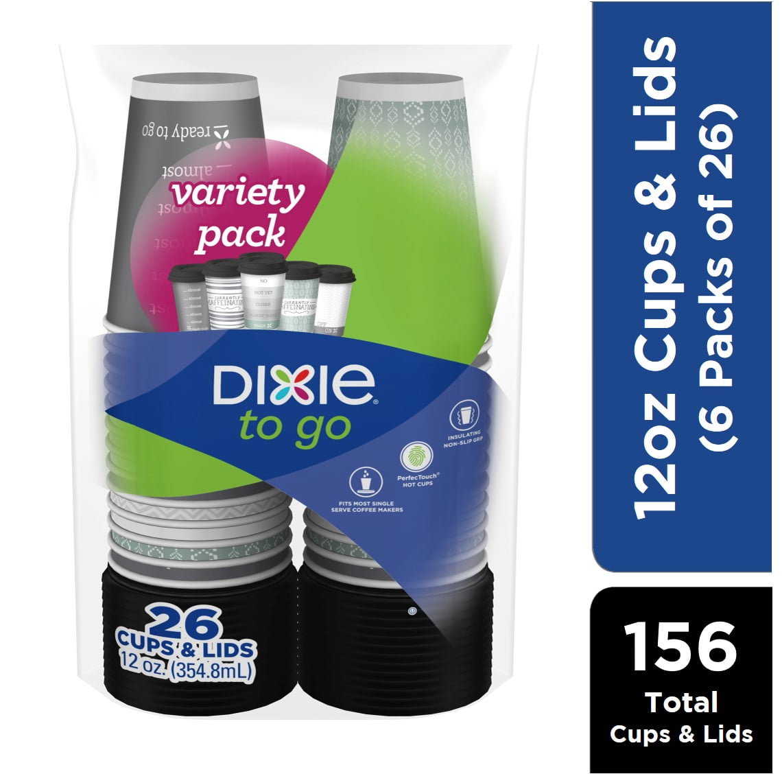 Dixie To Go Paper Hot Cups w/Lids, 12 oz, 156 Count