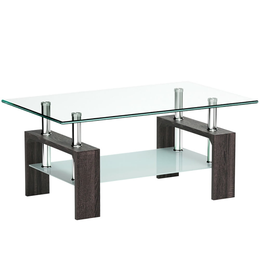 Finihen Glass Coffee Table, Rectangular Coffee Table, Rectangular Tempered Glass Coffee Table with Shelf, for Living Room, Reception Room, Black Finihen Glass Coffee Table, Rectangular Coffee Table, Rectangular Tempered Glass Coffee Table with Shelf, for Living Room, Reception Room, Black
