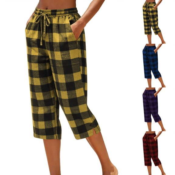 Women's Cotton Polyester Wide Leg Capri Pants, Mid Waisted Elastic Waist Straight Tube Casual, Pockets with Drawstring Relaxed Fit, Office Beach Travel Summer, Cropped Pants