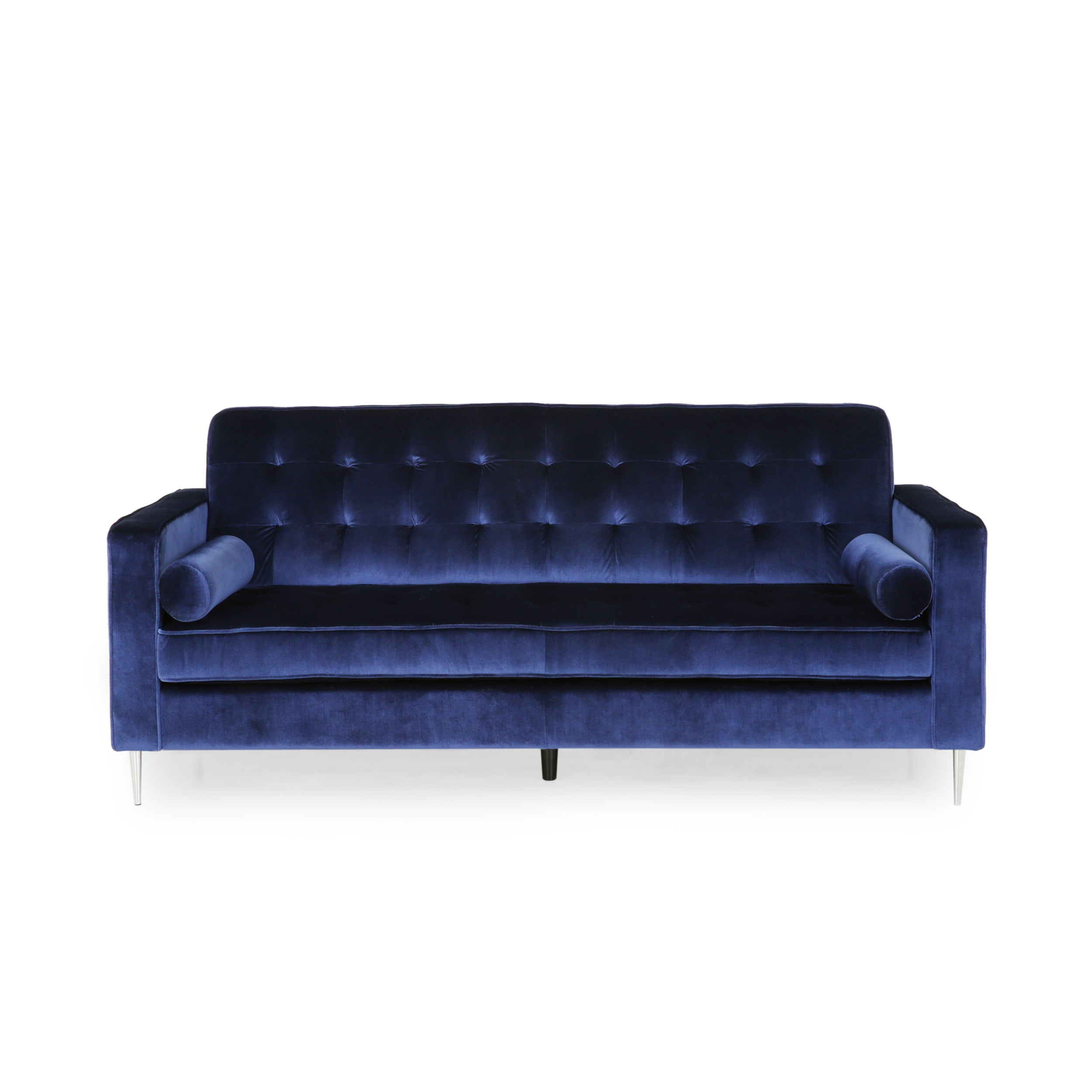 Noble House Lucian Modern Glam Tufted Velvet 3 Seater Sofa Midnight Blue Chrome Walmart Com