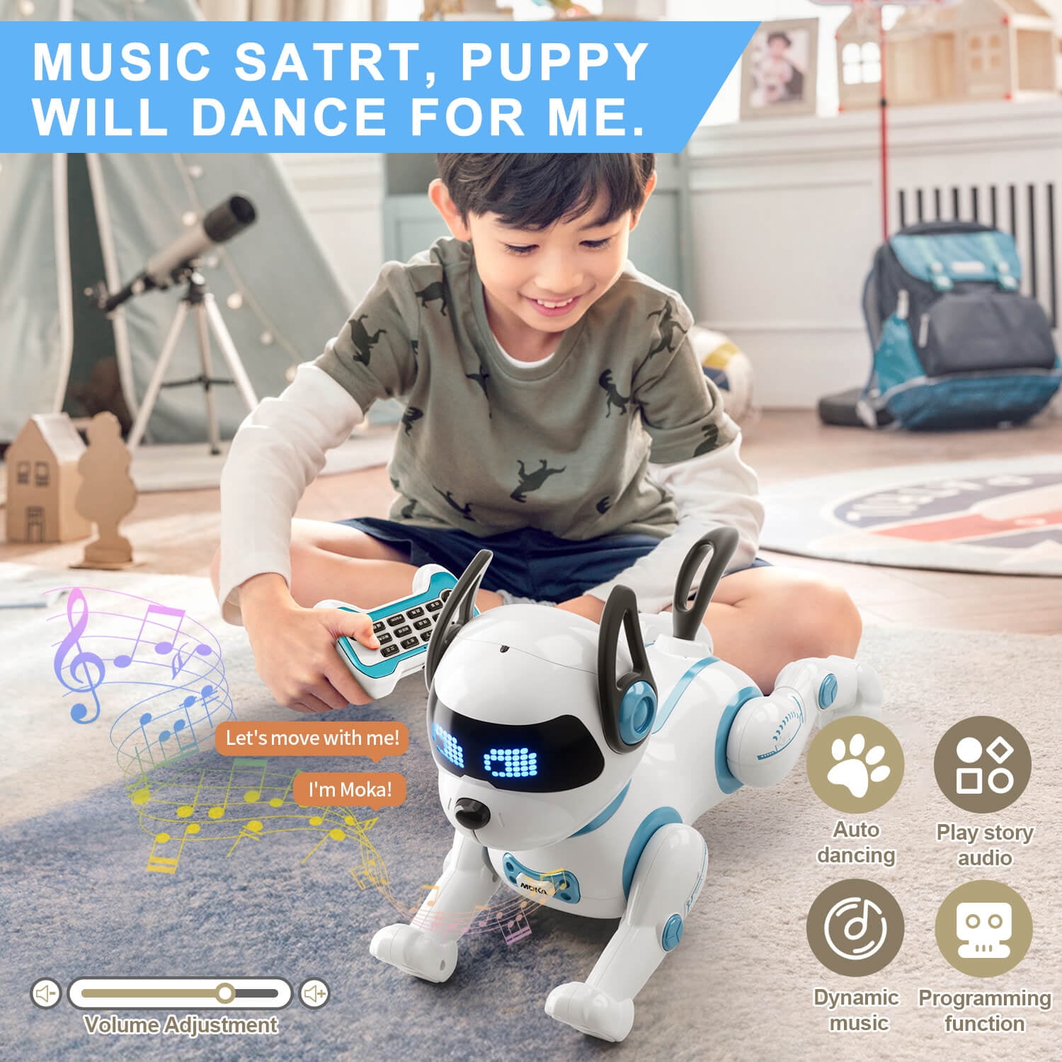 Jiakora Remote Control Robotic Dog - Electric Dog Pet Toy with Touch Function, Dancing, Singing, Rechargeable Smart Animal Toy with 2 Battery - Birthday Gift for Kids Ages 3+