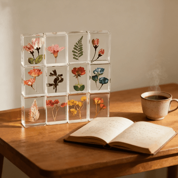 6 Pcs Mixed-Color Epoxy Resin Plant Specimens - Handcrafted Dried Flower Resin Cubes, Realistic Botanical Models, Ideal Gifts for Christmas & Birthdays
