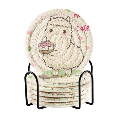 

6-Pack Polyester Coil Coasters with Holder - Heat-Resistant (140℃) Non-Slip & Durable，Cute Alpaca