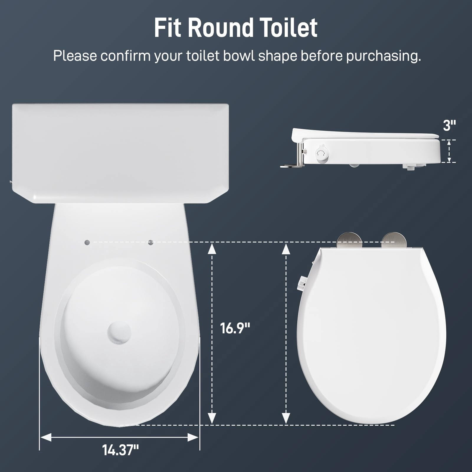 Raised Toilet Seat With Bidet - Round  Soft Close 3" Height Dual Nozzle (frontal & Rear Wash) Adjustable Cold Water And Stainless Steel Inlet (round)