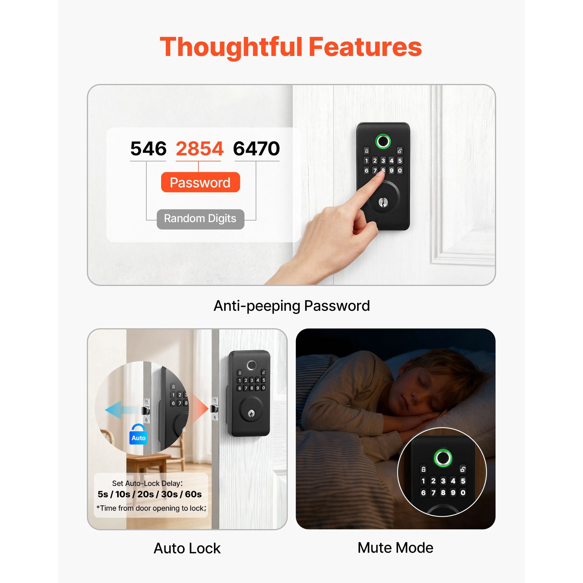Fingerprint Door Lock, Electronic Biometric Deadbolt with Easy-Grip Design, Auto Locking, One-Time Code, Anti-Peeping, Keyless Entry for Home Use