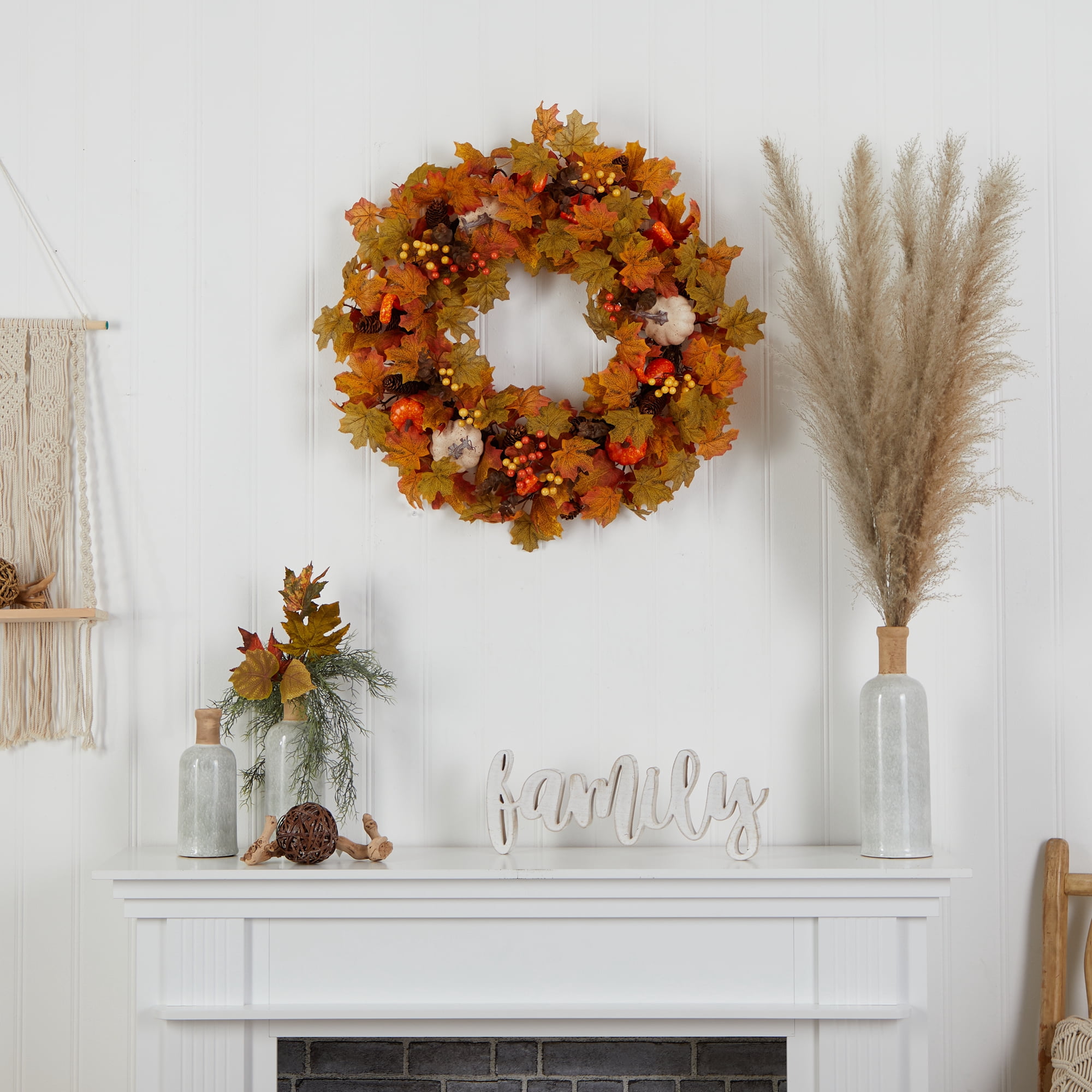 Nearly Natural Plastic Autumn Artificial Fall Wreath, with Pumpkin, Maple Leaf 30" (Orange)