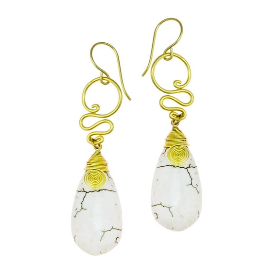 Bohemian Reconstructed White Howlite Teardrop Brass Swirl Fish Hook Earrings