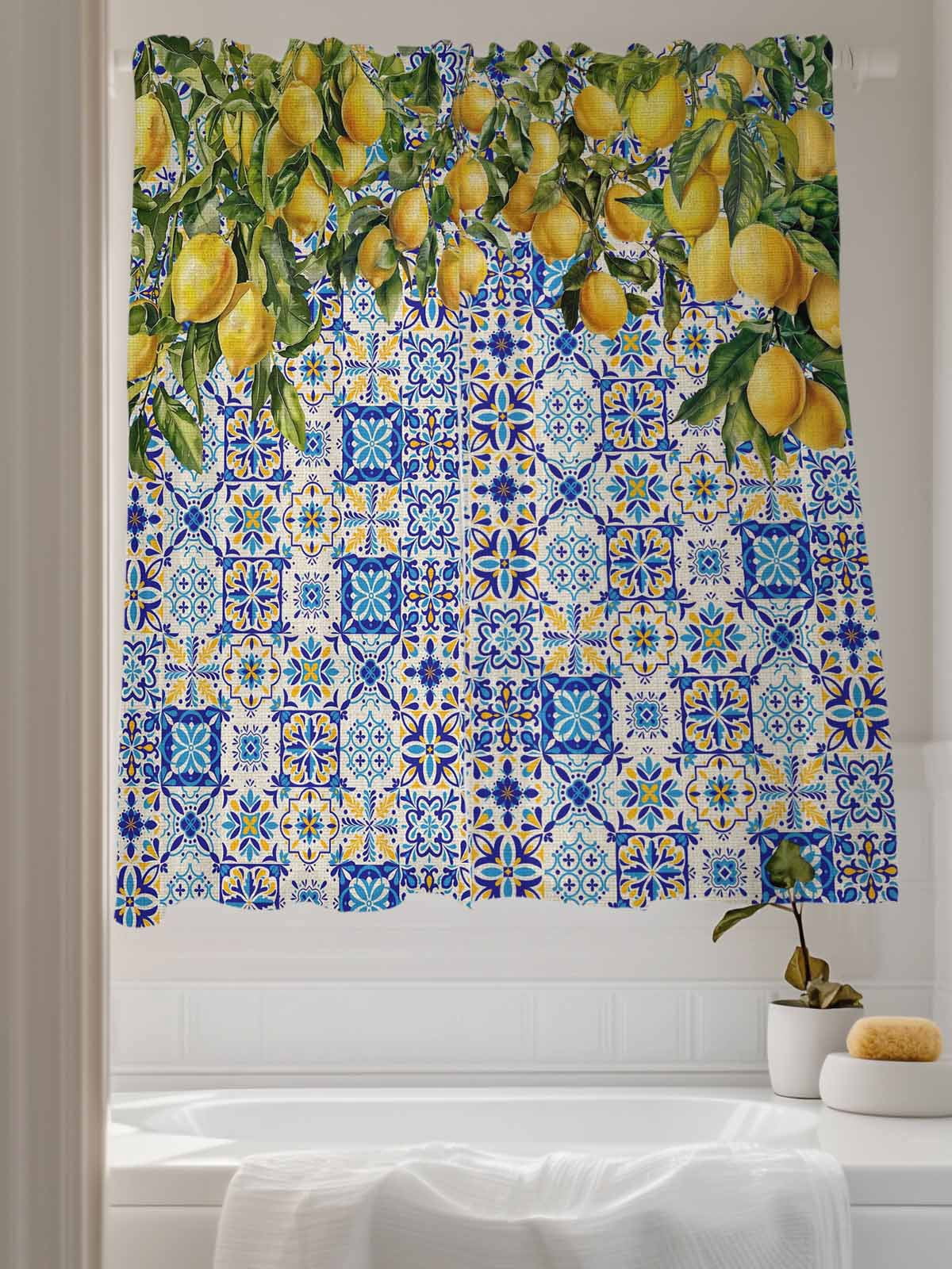Lemons Sheer Curtains for Living Room Bedroom, National Style Summer Lemon Blue Floral Texture Linen Light Filtering Sheer Curtain Rod Pocket Voile Window Treaments Drapes, 52 x 63 Inches