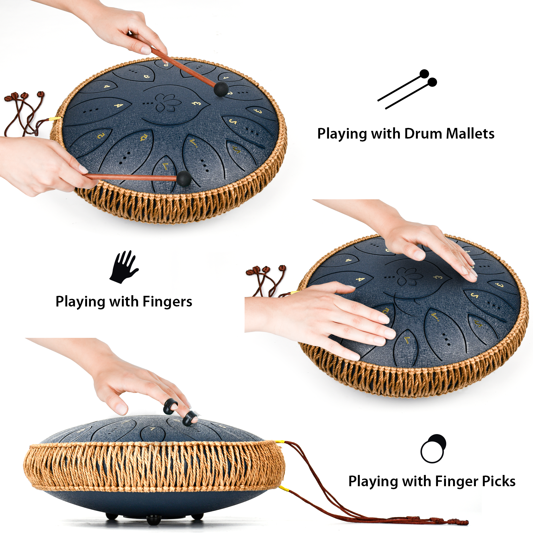 Lidguni Steel Tongue Drum 13" 15-Notes Tongue Pan Drums for Adults, C Major, Navy Blue