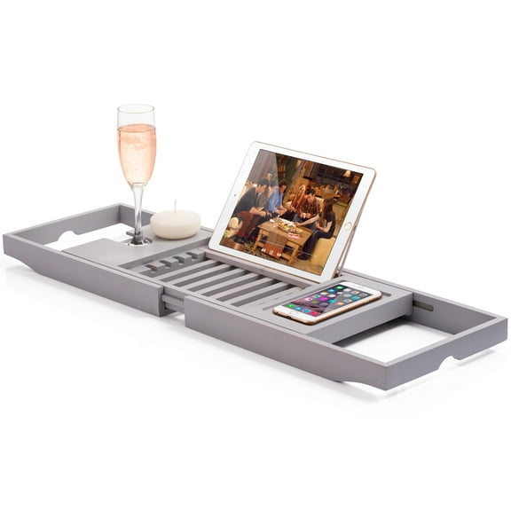 Bathtub Caddy with Extendable Sides, Wine Glass Holder, Book Stand and Phone Tray