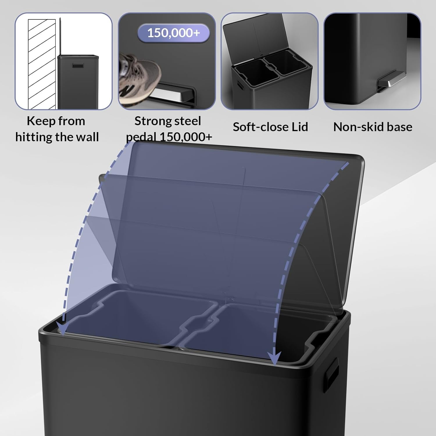 16 Gallon Kitchen Trash Can, 30L+30L Step Dual Recycling Bin with 2 Removable Barrel, Wide Step Pedal, Soft Close Lid, Large Stainless Steel Garbage Can for Home and Office