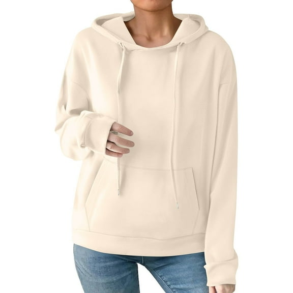 Mohiass Womens Long Sleeve Drawstring Cute Hoodie Lightweight Fleece Pullover Tops Solid Oversized Hooded Sweatshirt Beige M