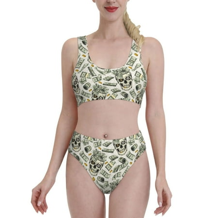 Bixox Skull with Cash Pattern Two-Piece Sports Bikini with U-Shaped Top and High-Waist Bottom - Women s Swimwear with Removable Bra Pads