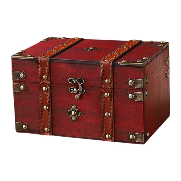 Cofre del tesoro de diseño vintage, joyero multifuncional de madera para colgante. Rojo