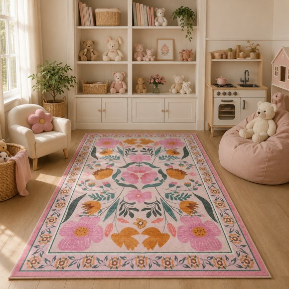 Moynesa 5'x7' Farmhouse Floral Area Rugs for Living Room, Washable Pink Coquette Rugs for Bedroom, Soft Colorful Boho Flower Accent Carpet for Dining Room Nursery Dorm Apartmen
