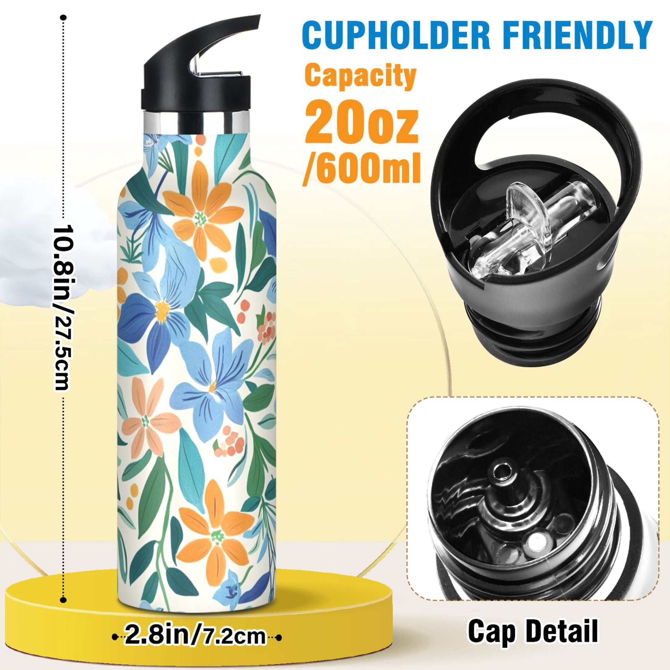 Kids Insulated Stainless Steel Sports Water Bottle 600ml (20oz) Various Color Flowers