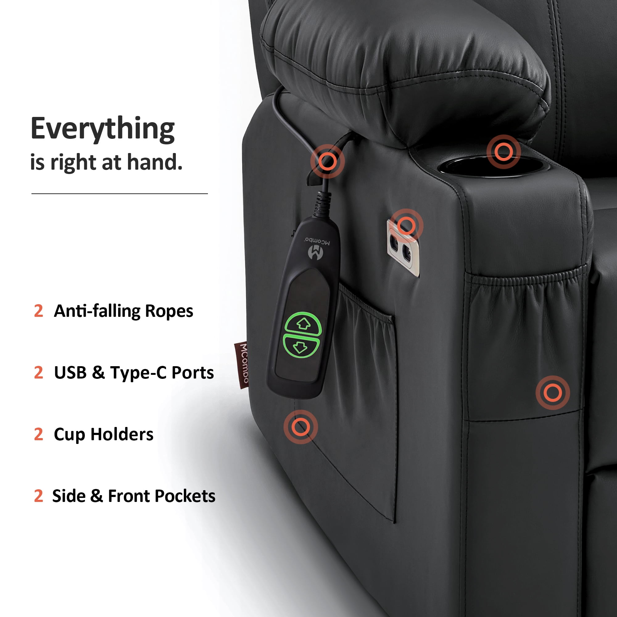 MCombo Large Power Lift Recliner Chair with Massage and Heat for Big and Tall Elderly , Faux Leather, Black
