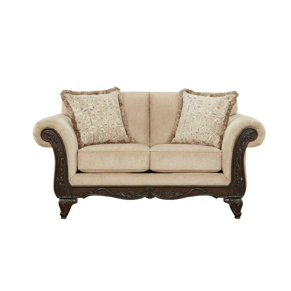 Roundhill Furniture Hernen Carved Wood Frame Loveseat, Emma Wheat