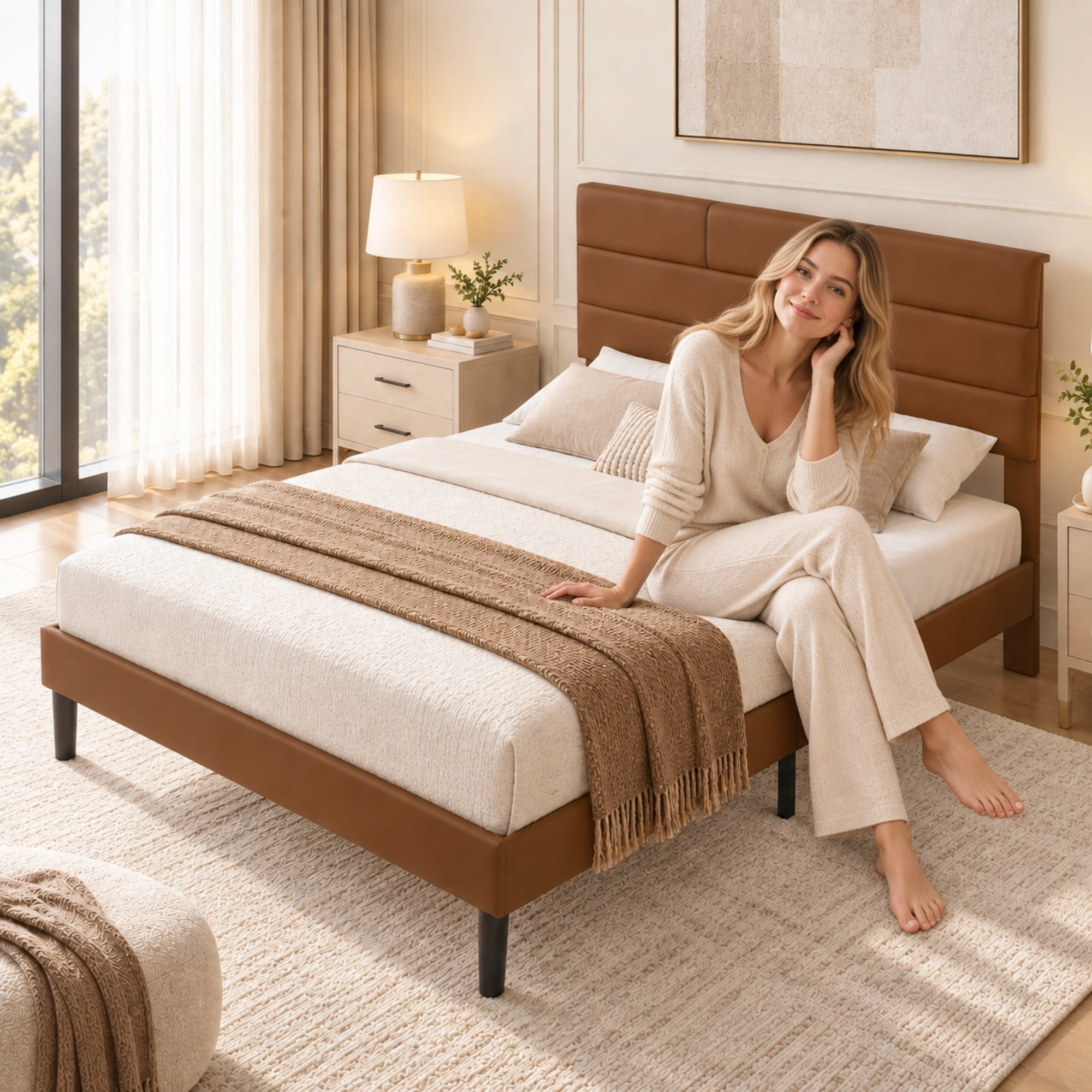 BSHTI Queen Size PU Leather Platform Bed Frame with Upholstered Headboard, Wood Slats Support, No Box Spring Needed for Bedroom(Brown)