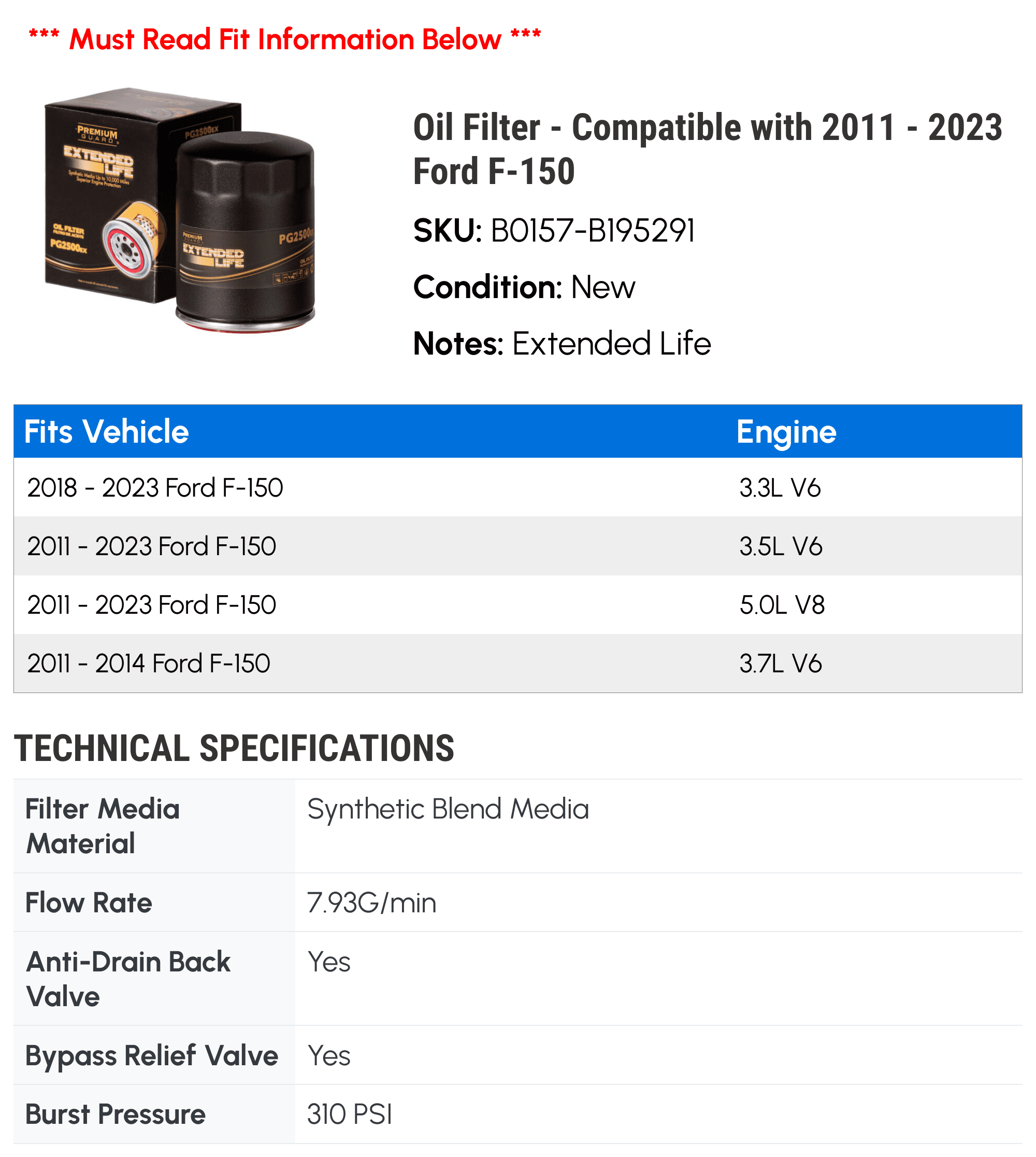 Oil Filter - Compatible with 2011 - 2023 Ford F-150 2012 2013 2014 2015 2016 2017 2018 2019 2020 2021 2022