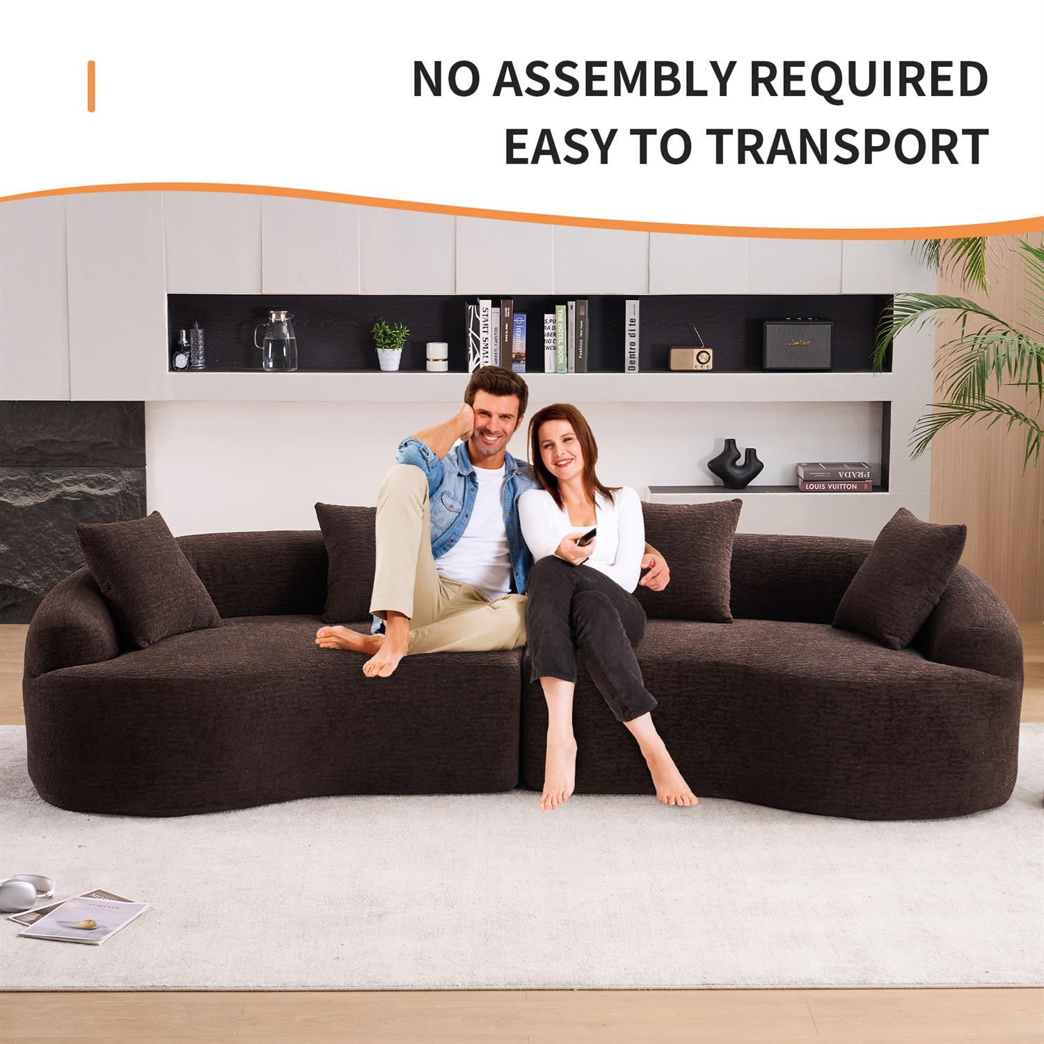 Demi Bonn 110"L Modular Sectional Sofa with Full Compression Sponge, Curved Design, High-Density Chenille Sleeper Couch for Living Room, 800 lbs Capacity, Brown