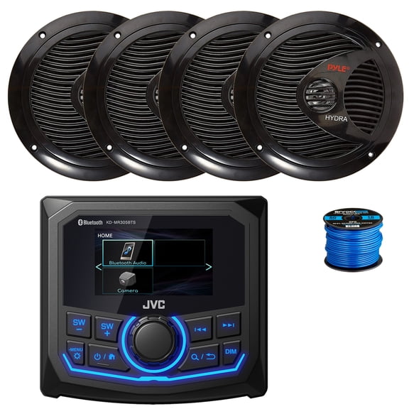 JVC KD-MR305BTS Marine 2.7" Bluetooth AM/FM/Weatherband Radio Receiver, 4X 6.5" 150 Watt 2-Way Dual Cone Full Range Audio Speakers (Black) w/ Wire