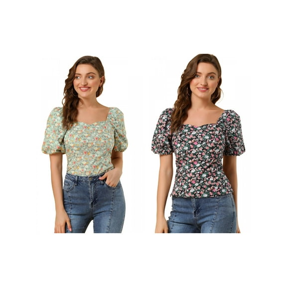 NOMADIC NOOK Women's 2 Packs Puff Sleeve Sweetheart Neck Smocked Floral Top
