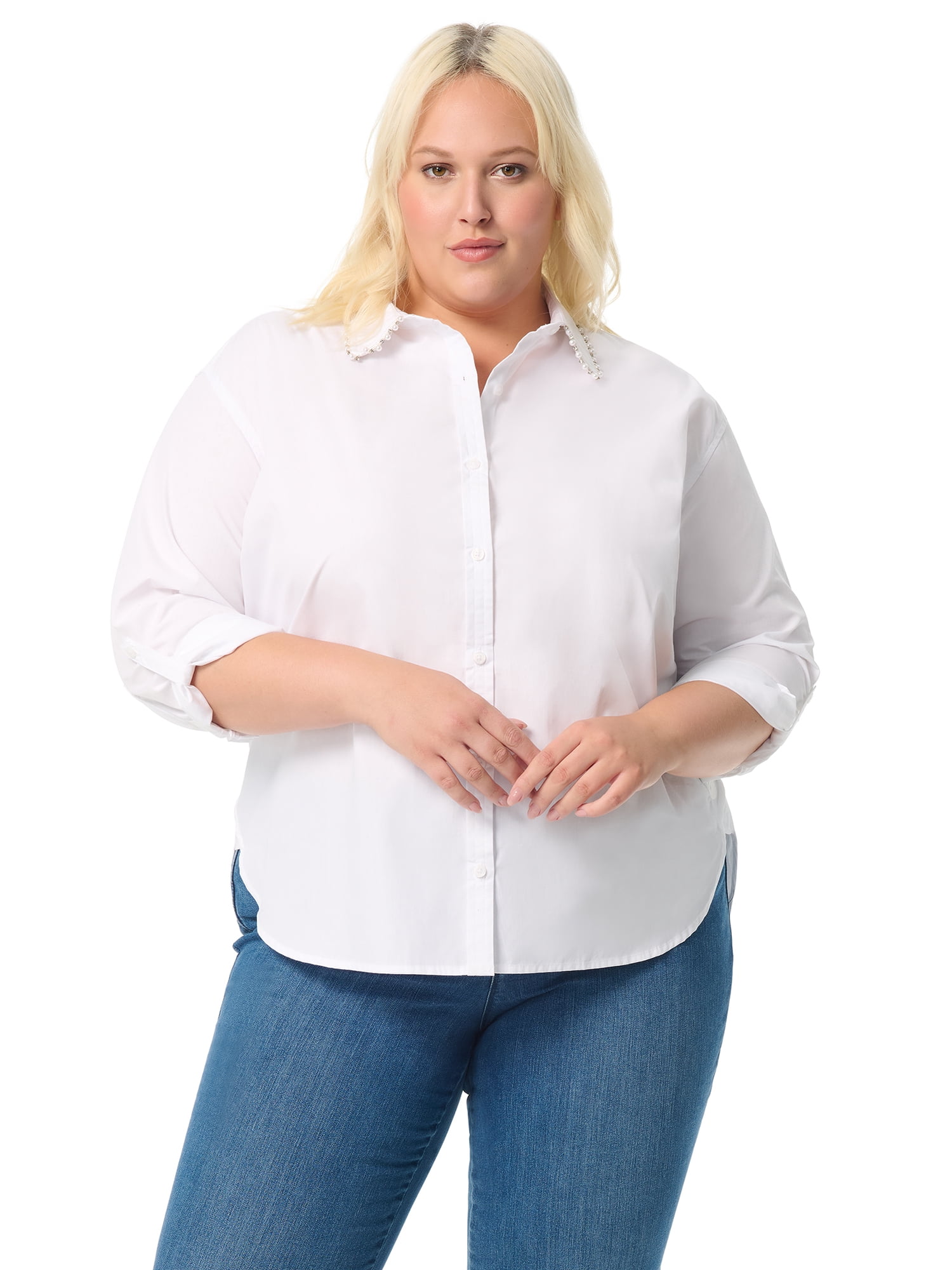 Gloria Vanderbilt Swan Series Women's Plus Amanda Shirt with Embellished Collar, Sizes 0X-4X