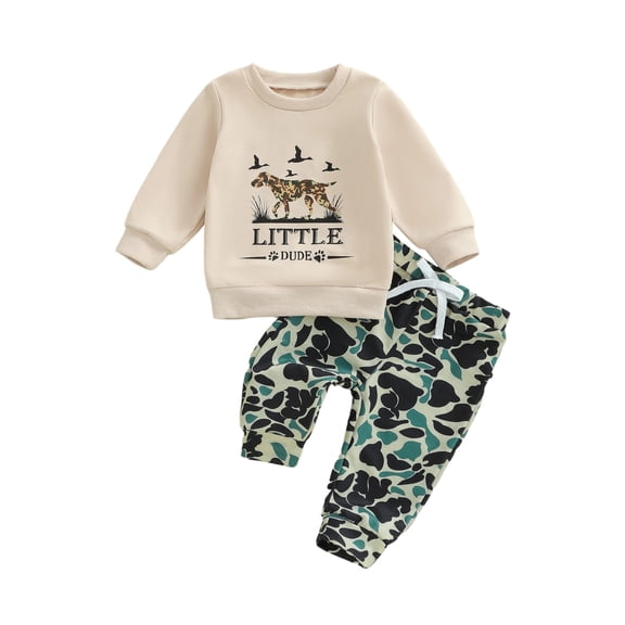BemeyourBBs Toddler Baby Boy Hunting Outfits Spring Fall Winter Clothes Animal Letter Print Long Sleeve Sweatshirt and Camouflage Pants Set