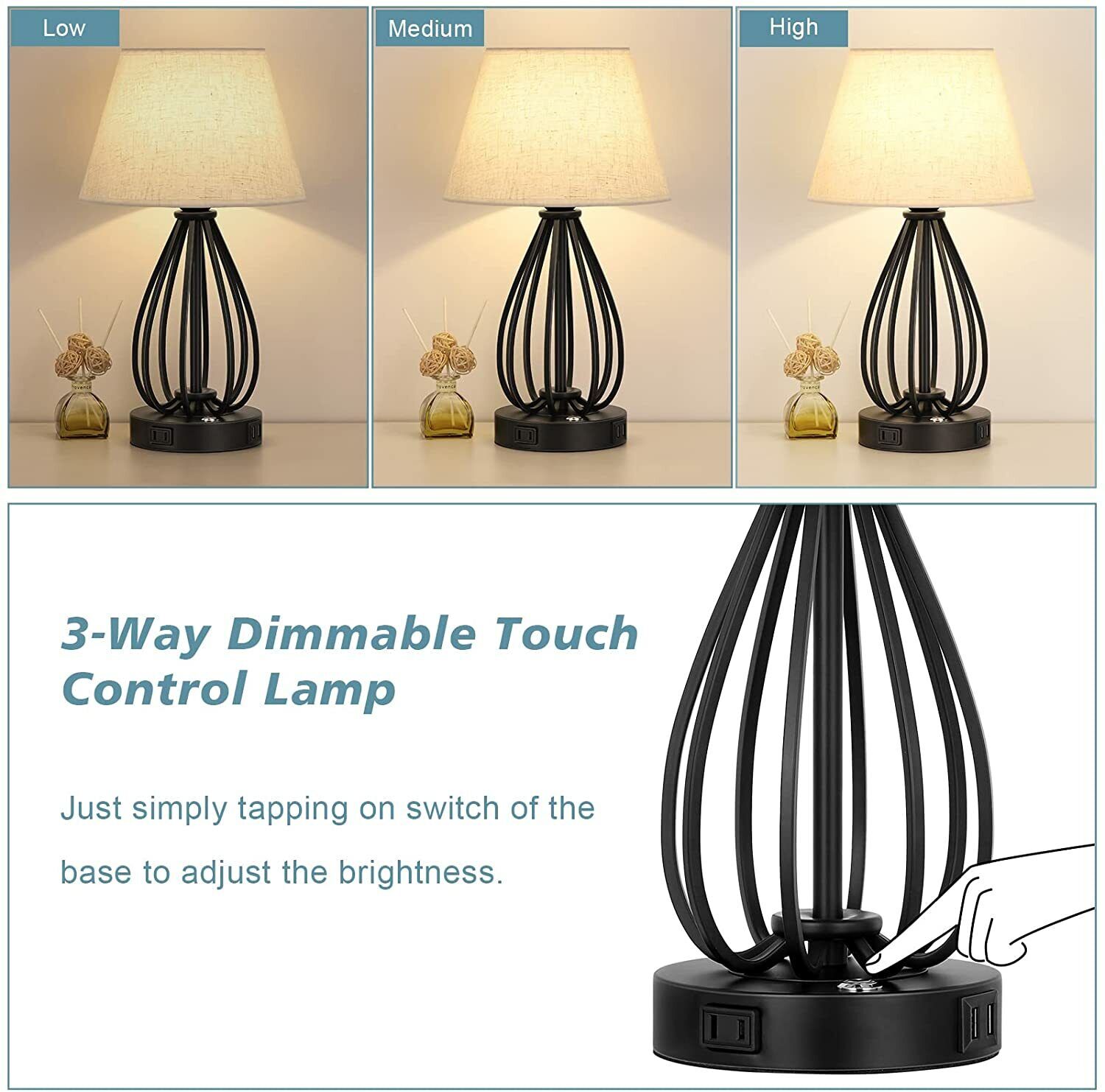 Set of 2 USB Touch Control Table Lamp Bedside Nightstand Lamps AC Outlet Bedroom