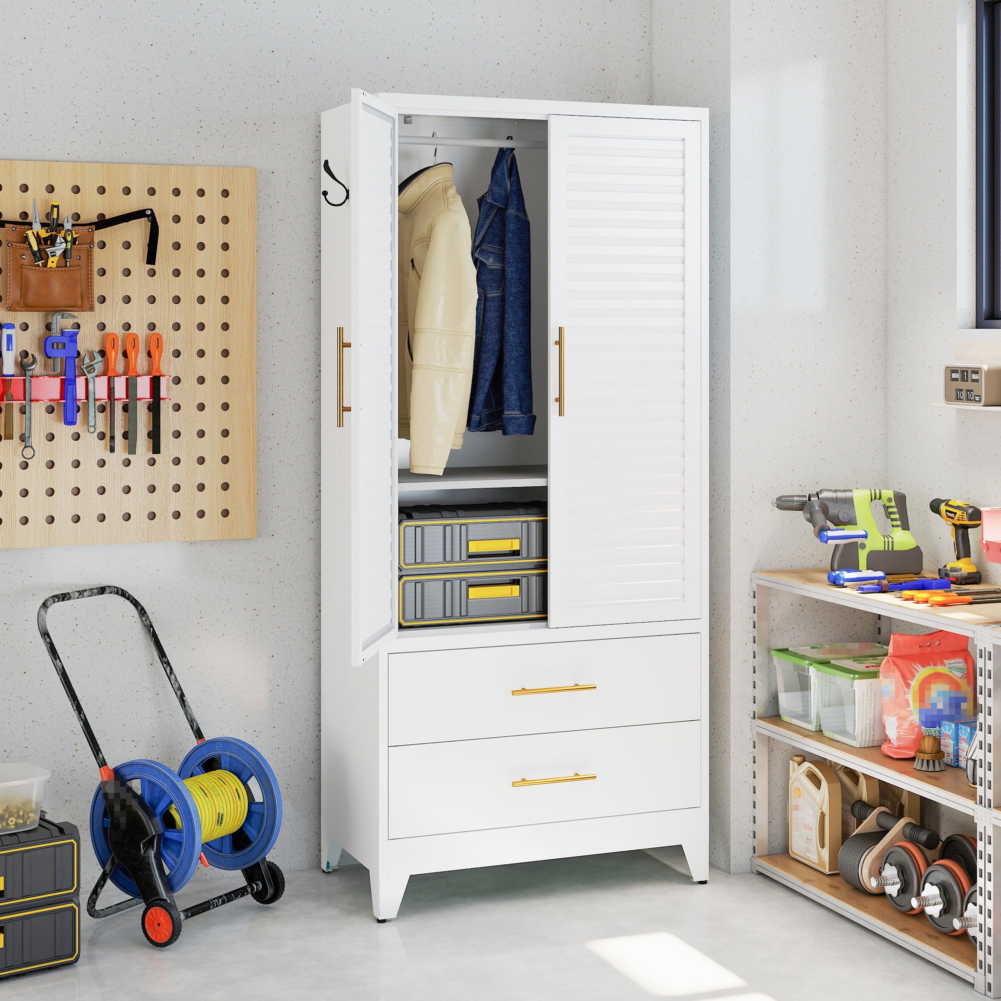 AISWORD 70" Tall Metal Armoire Wardrobe with 2 Louvered Doors, 2 Drawers, Hanging Rod & Adjustable Shelves, Bedroom Storage Cabinet, White