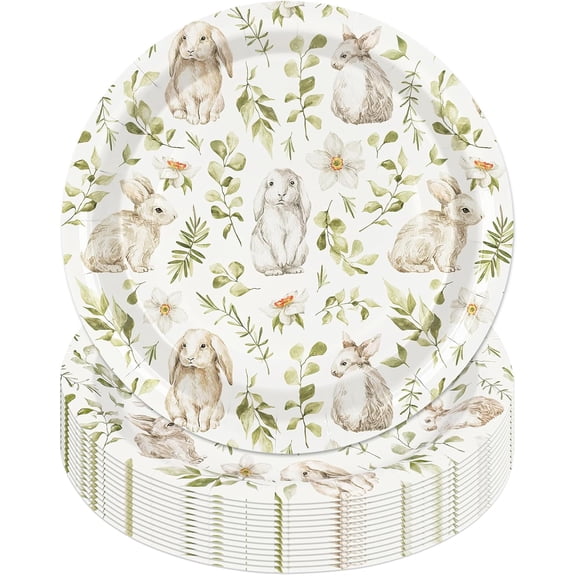 50-Pack 9-Inch Easter Bunny Disposable Paper Plates Watercolor Rabbit Floral Design Spring Holiday Birthday Party Tableware